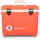 An Engel 19 Quart Drybox/Cooler with the word Engel Coolers on it, perfect for outdoors.