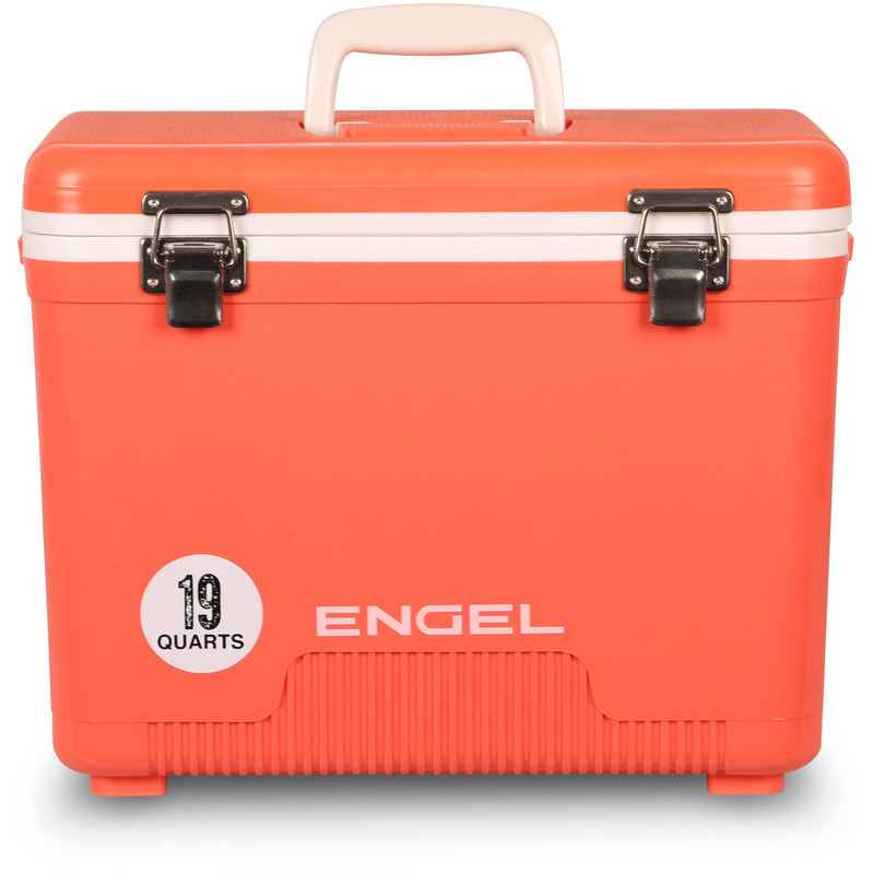 An Engel 19 Quart Drybox/Cooler with the word Engel Coolers on it, perfect for outdoors.