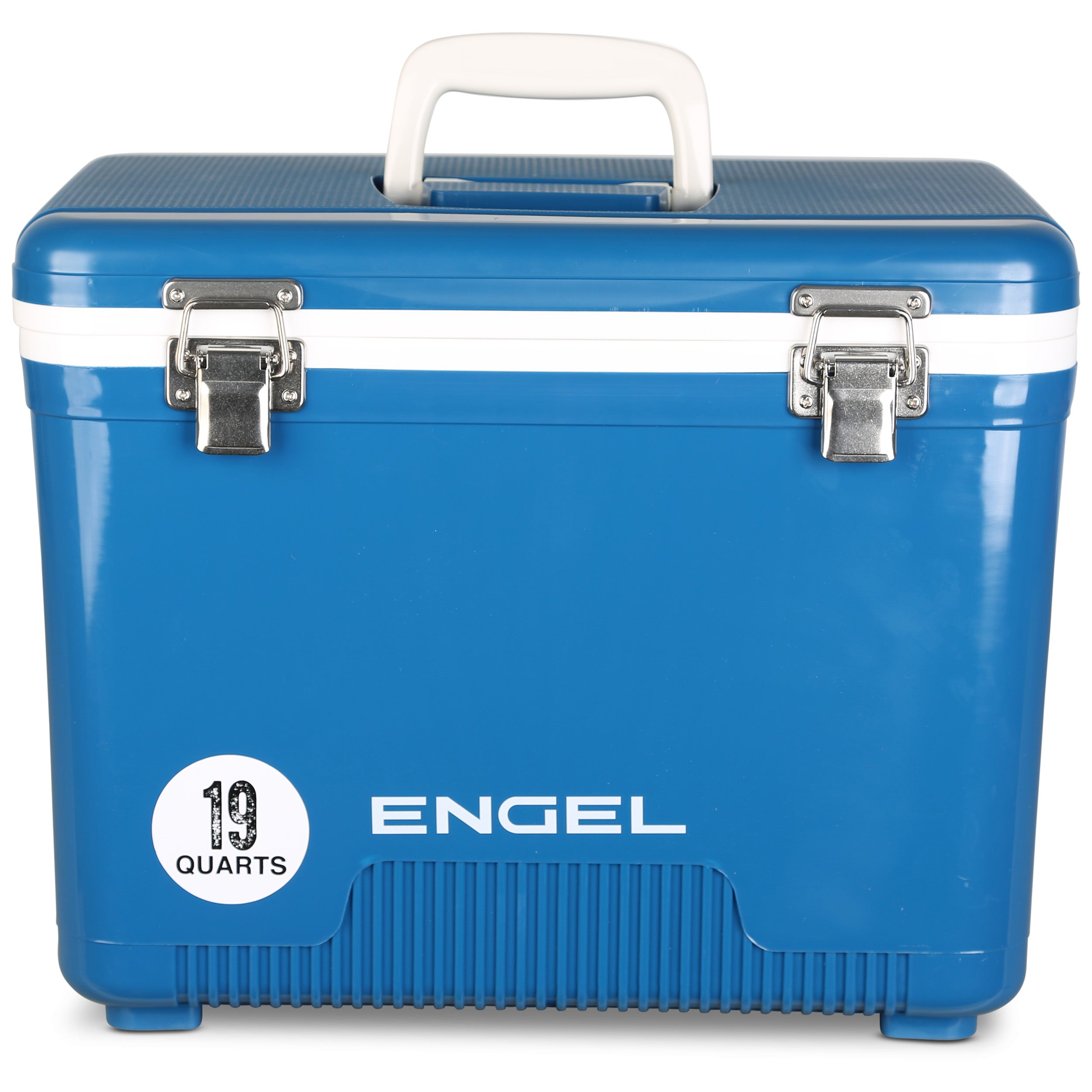 Displayed is the Engel 19 Quart Drybox/Cooler by Engel Coolers, featuring a blue design with a white handle and metal latches, ideal for any outdoor adventure.