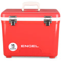 Engel 19 Quart Drybox/Cooler by Engel Coolers, featuring a red exterior with a white handle and silver latches. This air-tight cooler is perfect for your next outdoor adventure.