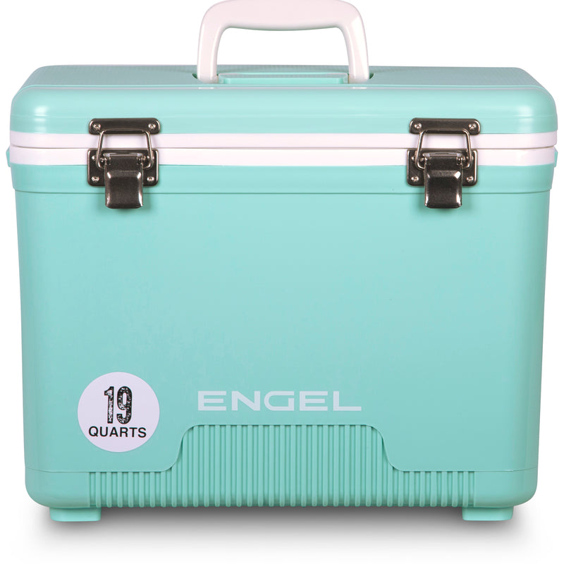 The Engel Coolers 19 Quart Drybox/Cooler, perfect for the outdoors, in mint green.
