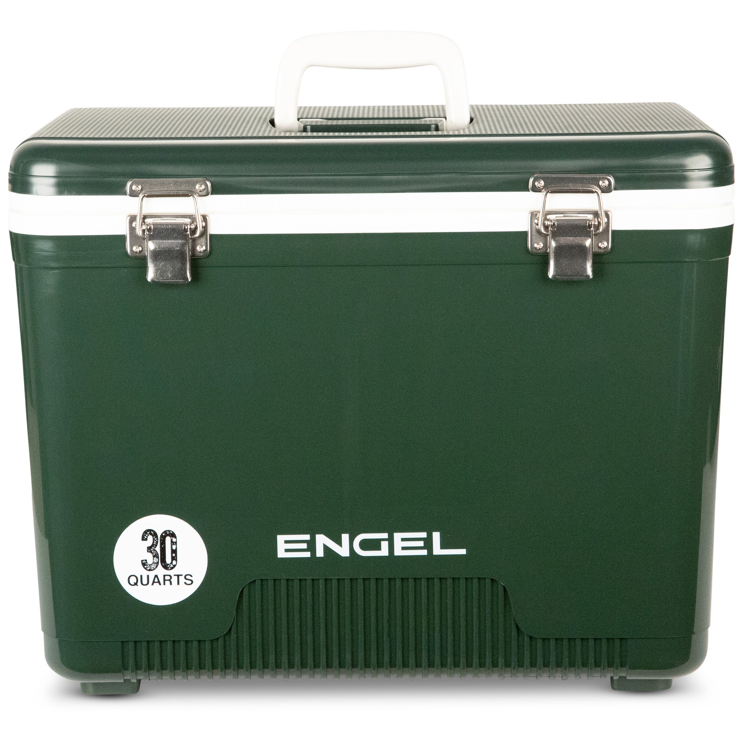 The Engel 30 Quart Drybox/Cooler by Engel Coolers is ideal for outdoor adventures with its 30-quart capacity. It includes a white handle, two front metal latches, and functions as an air-tight cooler and leak-proof drybox to secure your items.