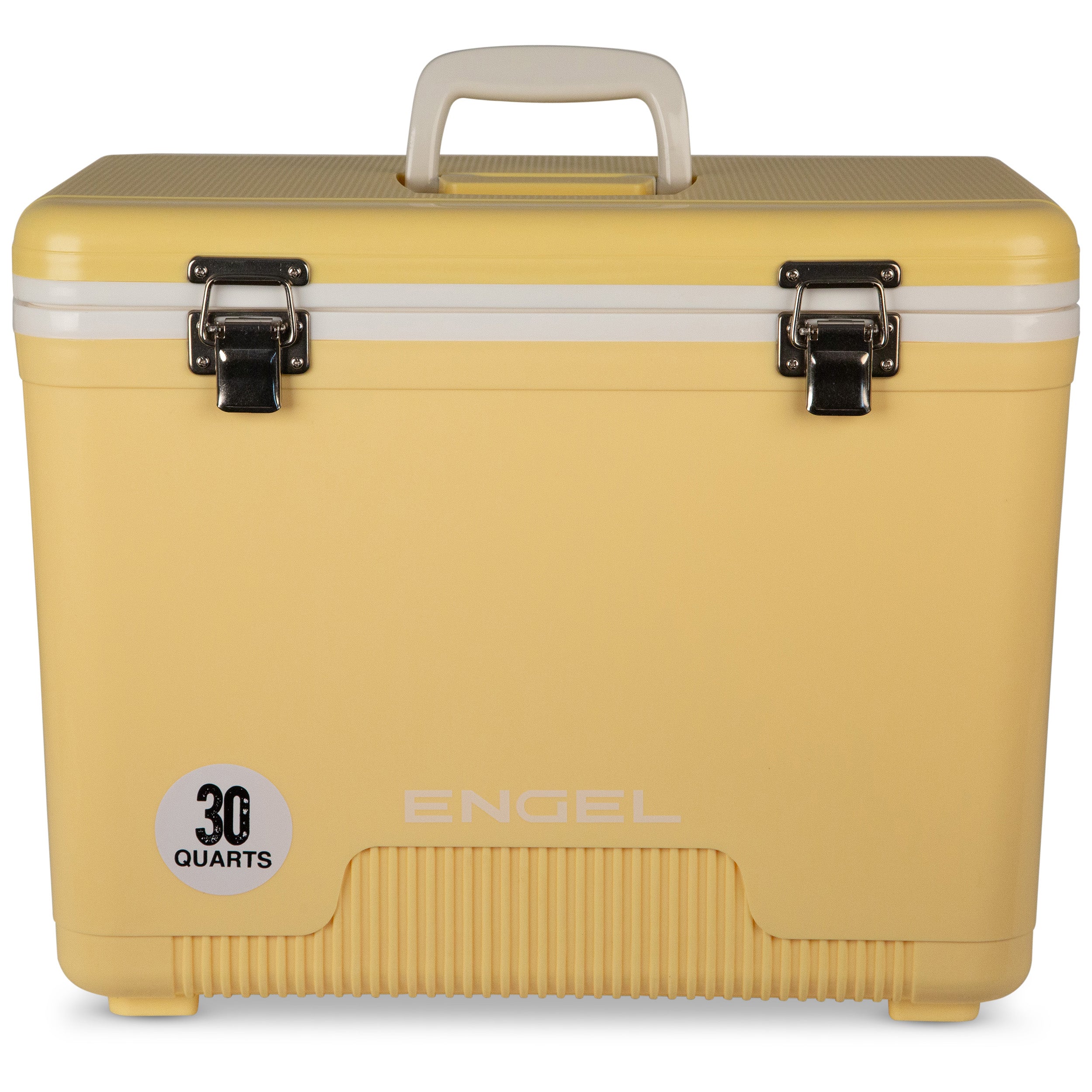 The Engel 30 Quart Drybox/Cooler by Engel Coolers, in yellow with a white handle and metal clasps, is ideal for outdoor adventures. It’s leak-proof and airtight, ensuring your contents stay secure and fresh during any escapade.