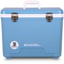 A blue Engel 30 Quart Drybox/Cooler with the word "Engel Coolers" on it, perfect for your next outdoor adventure.