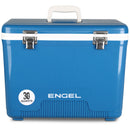 The Engel Coolers 30 Quart Drybox/Cooler features a blue body with a white handle and horizontal stripe. The front of the cooler prominently displays a "30 quarts" label. This airtight outdoor container ensures your items stay fresh and secure.