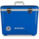 An Engel 13 Quart Drybox/Cooler by Engel Coolers in blue, equipped with a white handle and two metal latches. Designed to hold up to 13 quarts, it also functions as a leak-proof drybox, making it ideal for kayak fishermen.