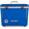 An Engel 13 Quart Drybox/Cooler by Engel Coolers in blue, equipped with a white handle and two metal latches. Designed to hold up to 13 quarts, it also functions as a leak-proof drybox, making it ideal for kayak fishermen.