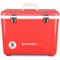 An Engel Coolers 30 Quart Drybox/Cooler in red, featuring a white handle and metal latches, perfect for outdoor adventures.