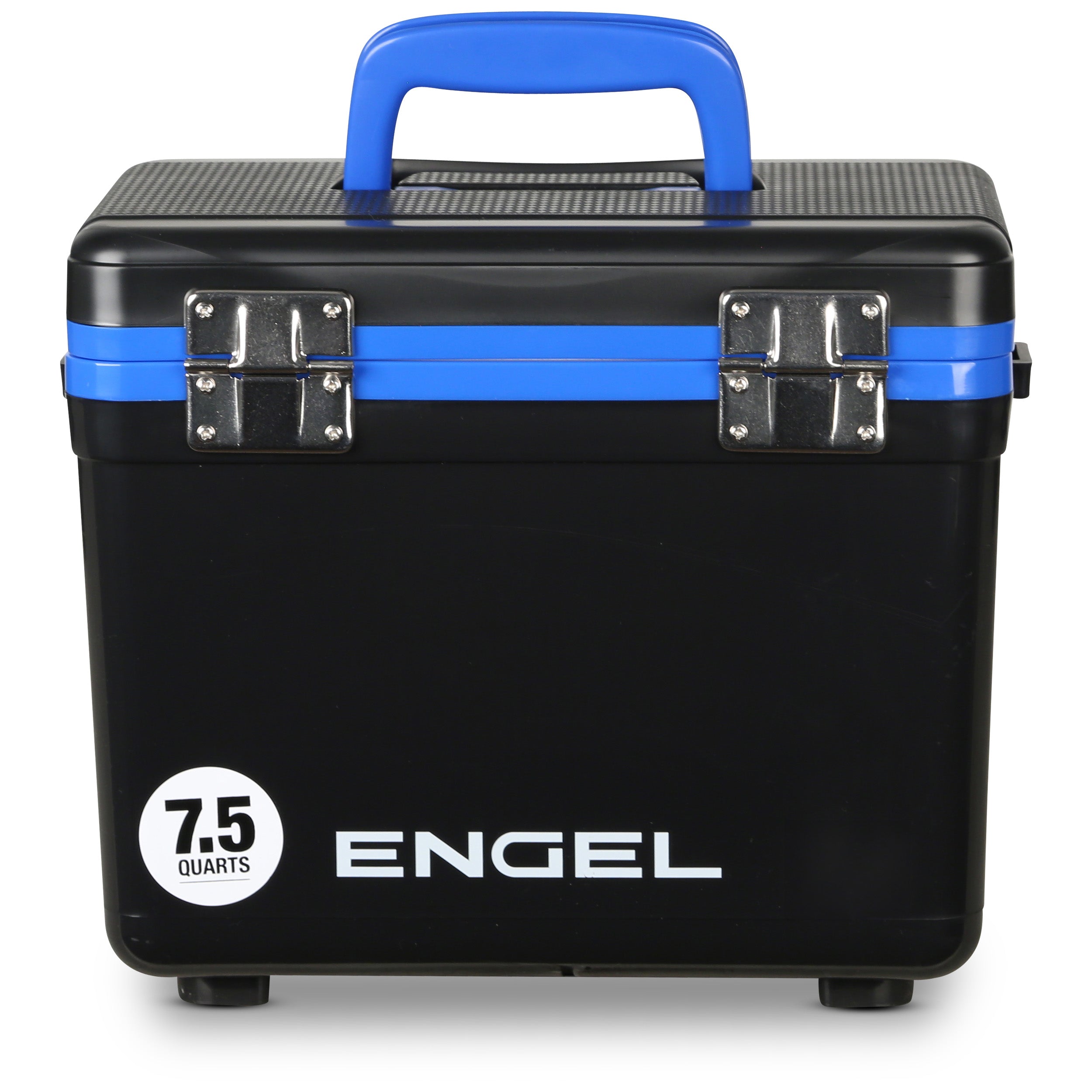 The Engel Coolers 7.5 Quart Drybox/Cooler, featuring a black design and blue handle, is ideal for kayak fishermen and functions as both an airtight cooler and leak-proof drybox.