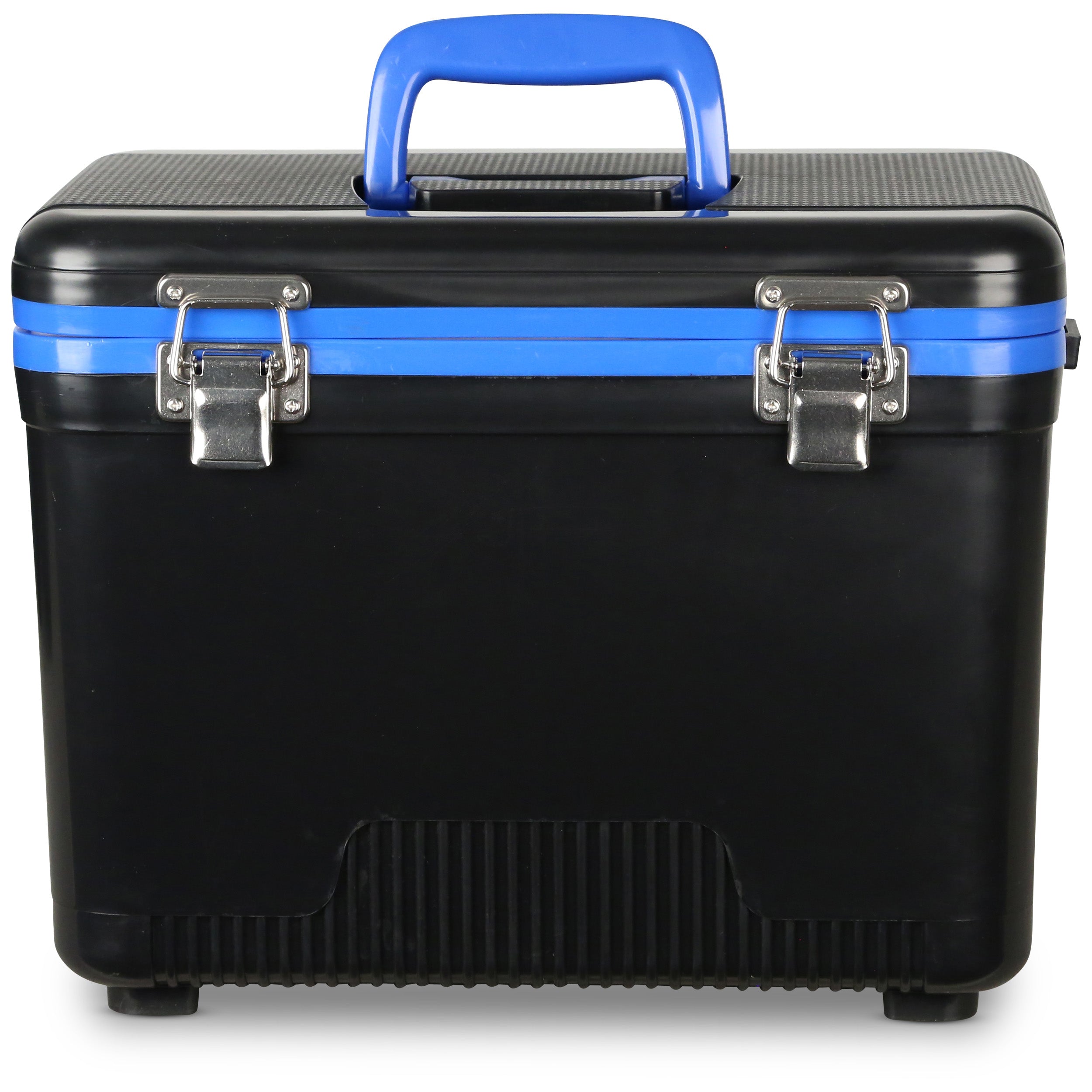 Introducing the Engel 7.5 Quart Drybox/Cooler by Engel Coolers, a stylish black and blue leak-proof cooler box with a durable blue handle and two silver latches, ideal for any outdoor adventure.