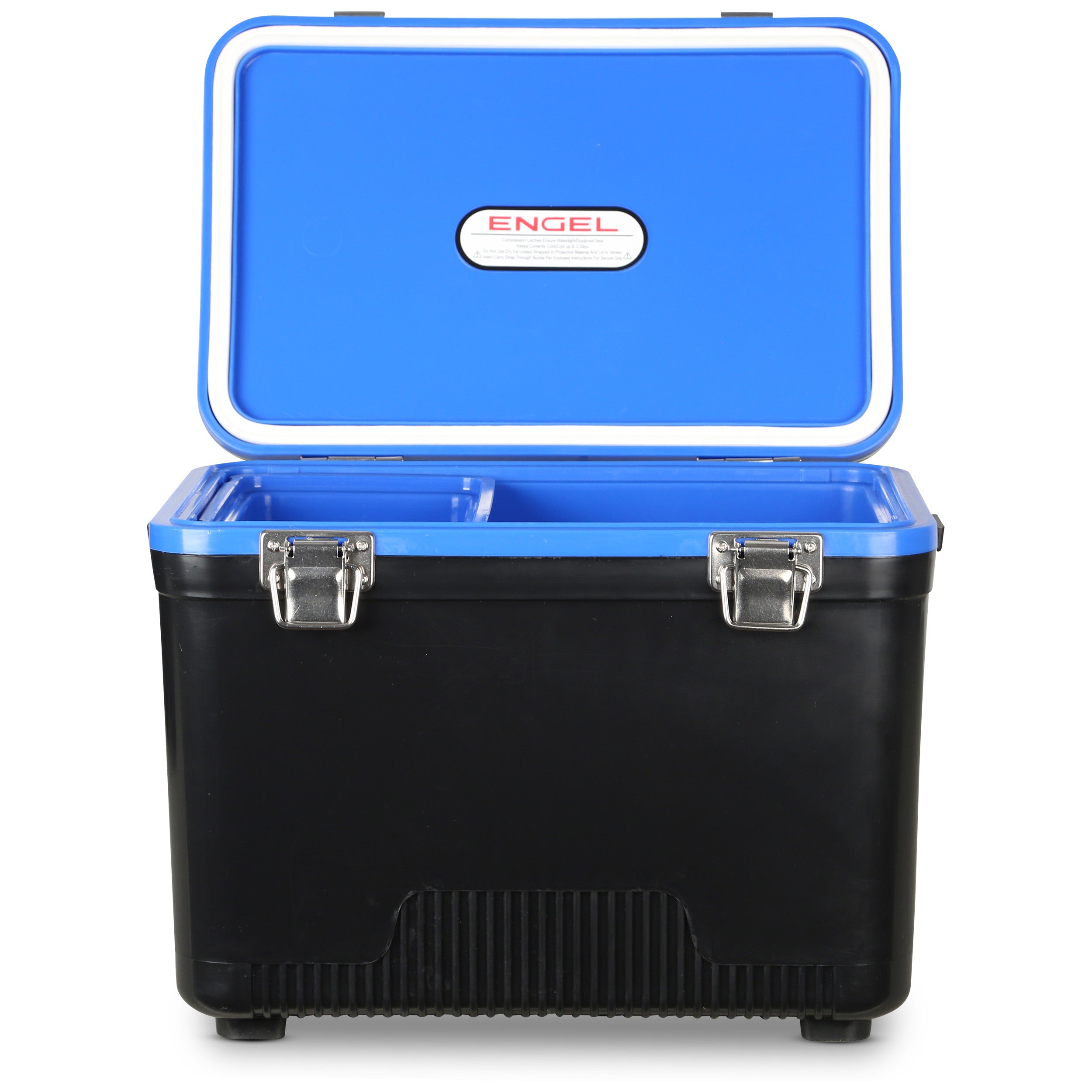 The Engel 7.5 Quart Drybox/Cooler by Engel Coolers, in black and blue, features an open lid displaying a divided interior ideal for kayak fishermen. With sturdy metal latches and a logo on the lid, it's crafted for adventure.