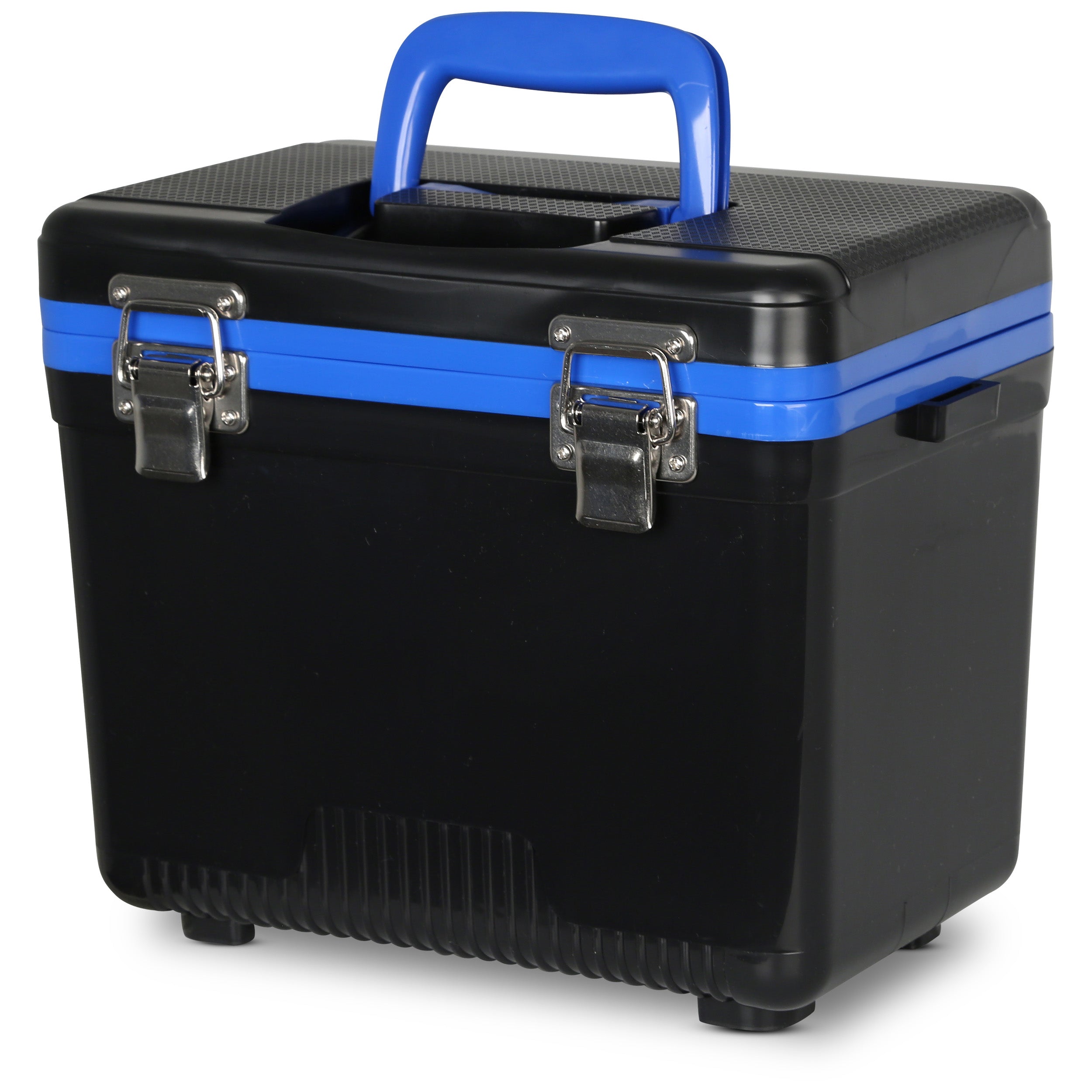 Engel Coolers offers the Engel 7.5 Quart Drybox/Cooler, a black plastic toolbox with a blue handle and accents, complete with two silver latches on the front—perfect for kayak fishermen seeking a reliable leak-proof drybox.