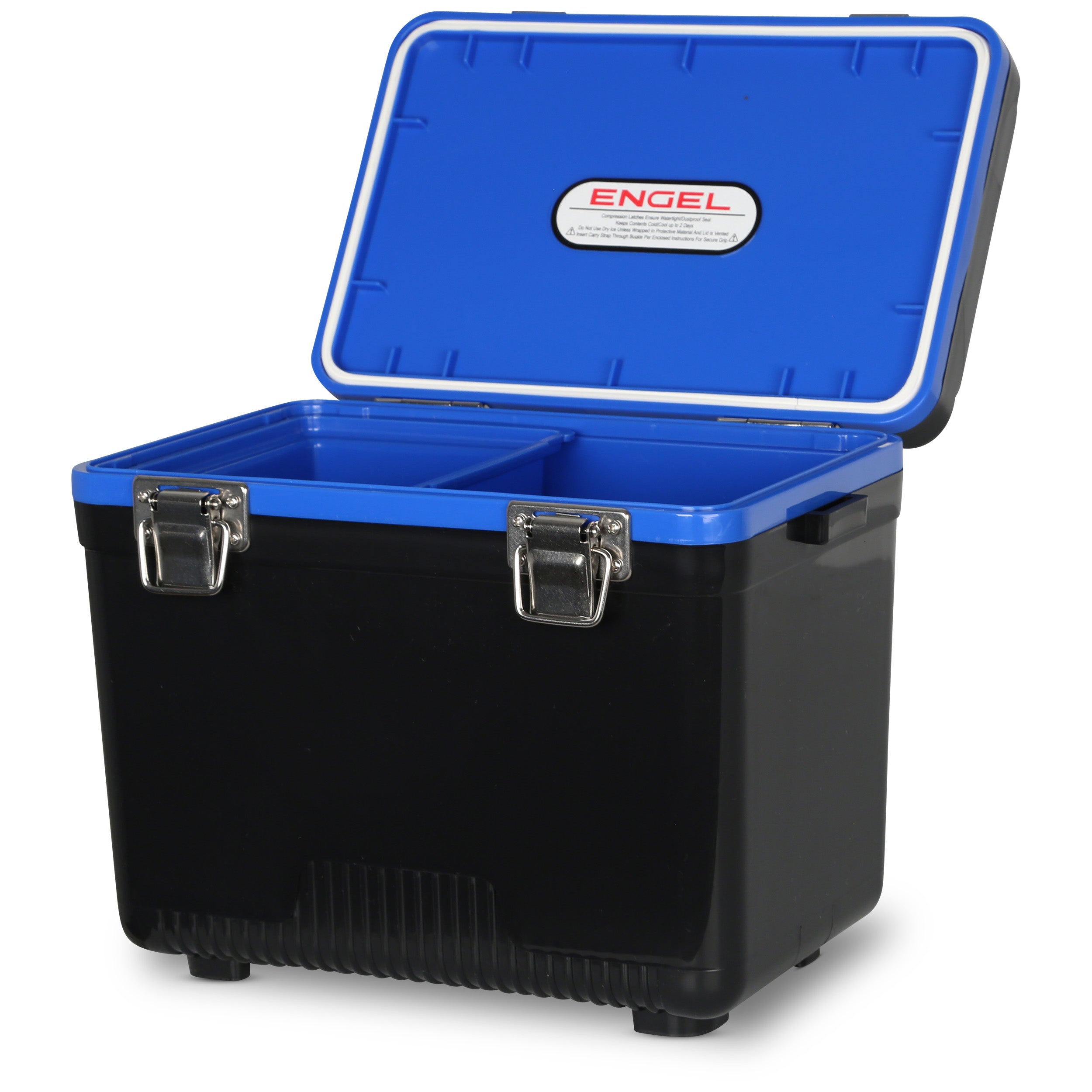 The Engel Coolers 7.5 Quart Drybox/Cooler, in black and blue, showcases an open lid with two compartments, ideal for kayak fishermen. Designed with the brand name "ENGEL" prominently displayed on top, it also functions as a leak-proof drybox.