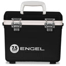 The Engel 7.5 Quart Drybox/Cooler by Engel Coolers features a black exterior with a white handle and two metal clasps, making it perfect for kayak fishermen. The front showcases the "7.5 Quarts" capacity alongside the Engel brand name. This leak-proof cooler ensures your gear remains protected at all times.