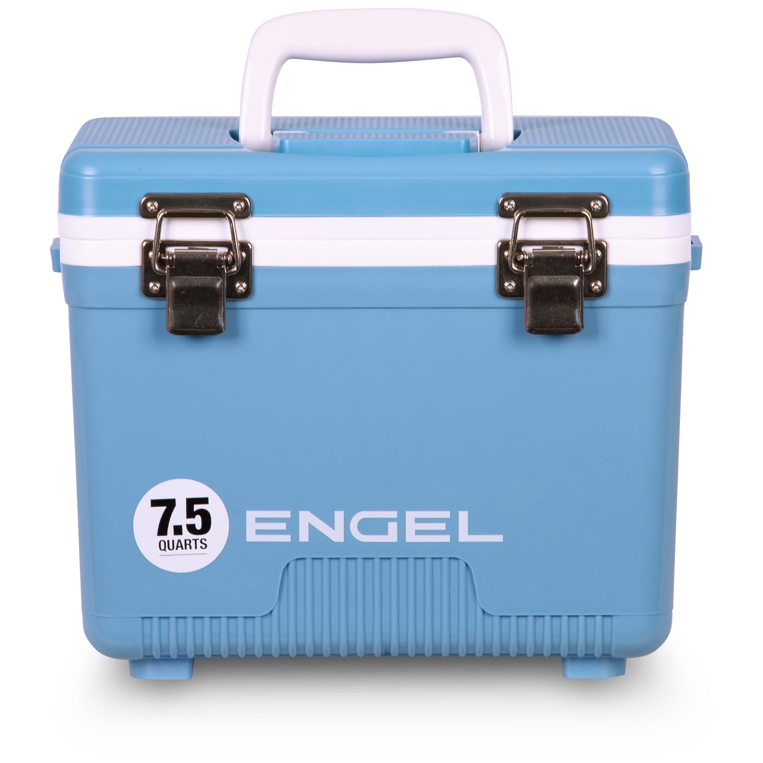 A blue, airtight Engel Coolers 7.5 Quart Drybox/Cooler with the word Engel on it.