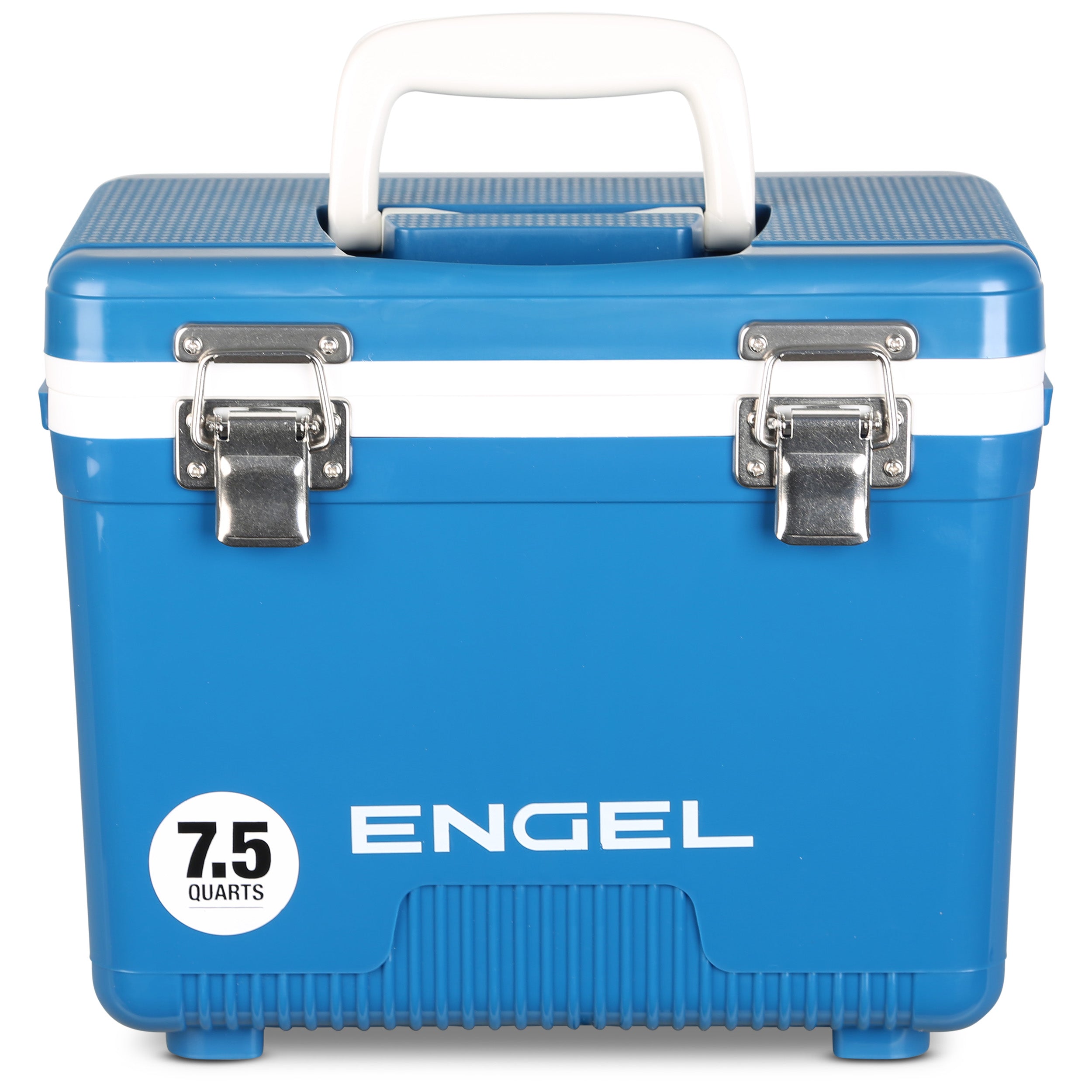 The Engel Coolers’ 7.5 Quart Drybox/Cooler, in blue, comes with a white handle and two silver latches on the front. Perfect for kayak fishermen, this leak-proof drybox ensures your valuables stay safe and dry.