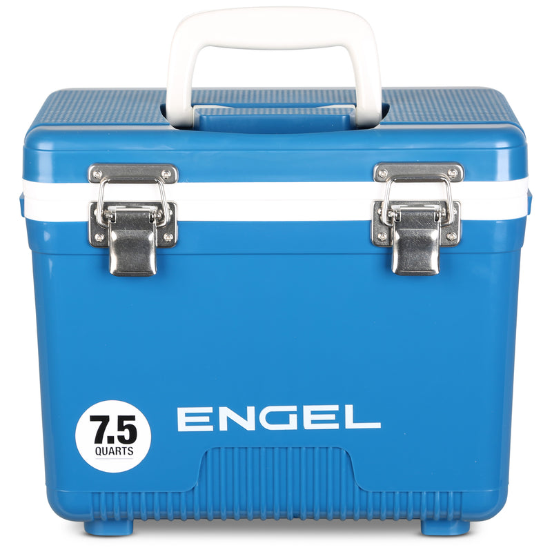 The Engel Coolers’ 7.5 Quart Drybox/Cooler, in blue, comes with a white handle and two silver latches on the front. Perfect for kayak fishermen, this leak-proof drybox ensures your valuables stay safe and dry.