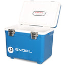 The Engel 7.5 Quart Drybox/Cooler from Engel Coolers is a blue cooler featuring an open lid and two compartments inside, ideal for kayak fishermen. It includes two metal latches, a front label indicating its 7.5-quart capacity, and functions as an airtight storage solution, making it a leak-proof drybox as well.