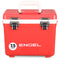 The Engel 7.5 Quart Drybox/Cooler from Engel Coolers is a red, leak-proof drybox featuring a white handle and dual metal latches. Its airtight design and 7.5-quart capacity, clearly labeled on the front, make it an ideal companion for kayak fishermen.