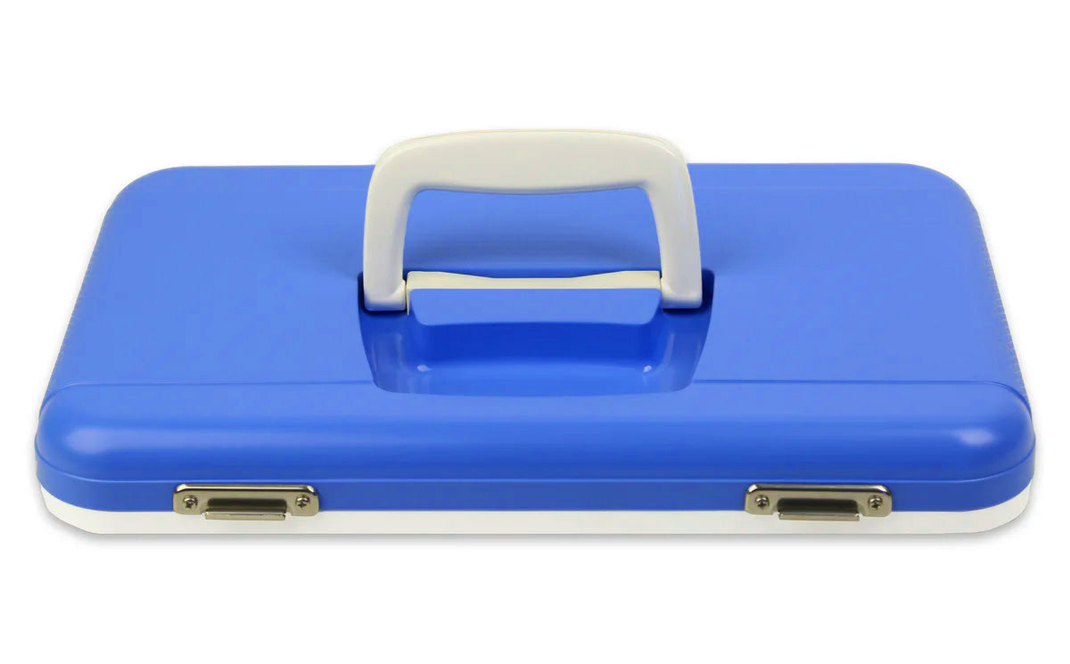 A blue hard plastic Engel Coolers Drybox/Cooler, designed with a sturdy white handle and two metal latches, rests securely on a flat surface.