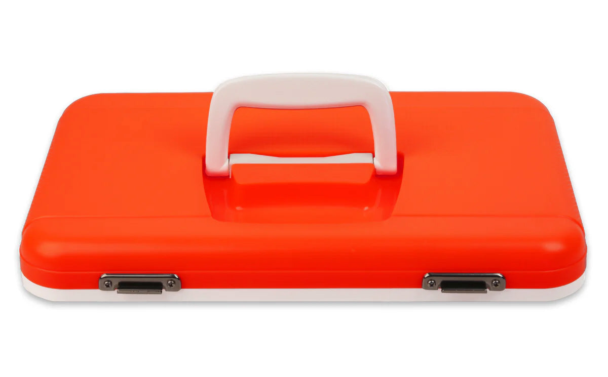 A red and white hard-shell suitcase with a central top handle, echoing the robust durability of Engel Coolers' Drybox/Cooler Lids design.