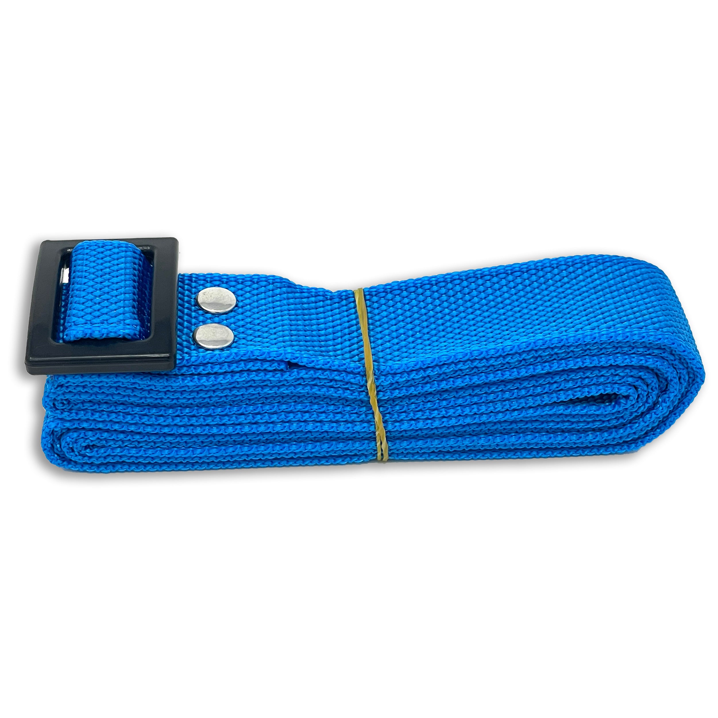 A rolled blue martial arts belt with a black rectangular buckle and two silver snaps, securely fastened with a yellow rubber band, rests next to an Engel Coolers Drybox Shoulder Strap.