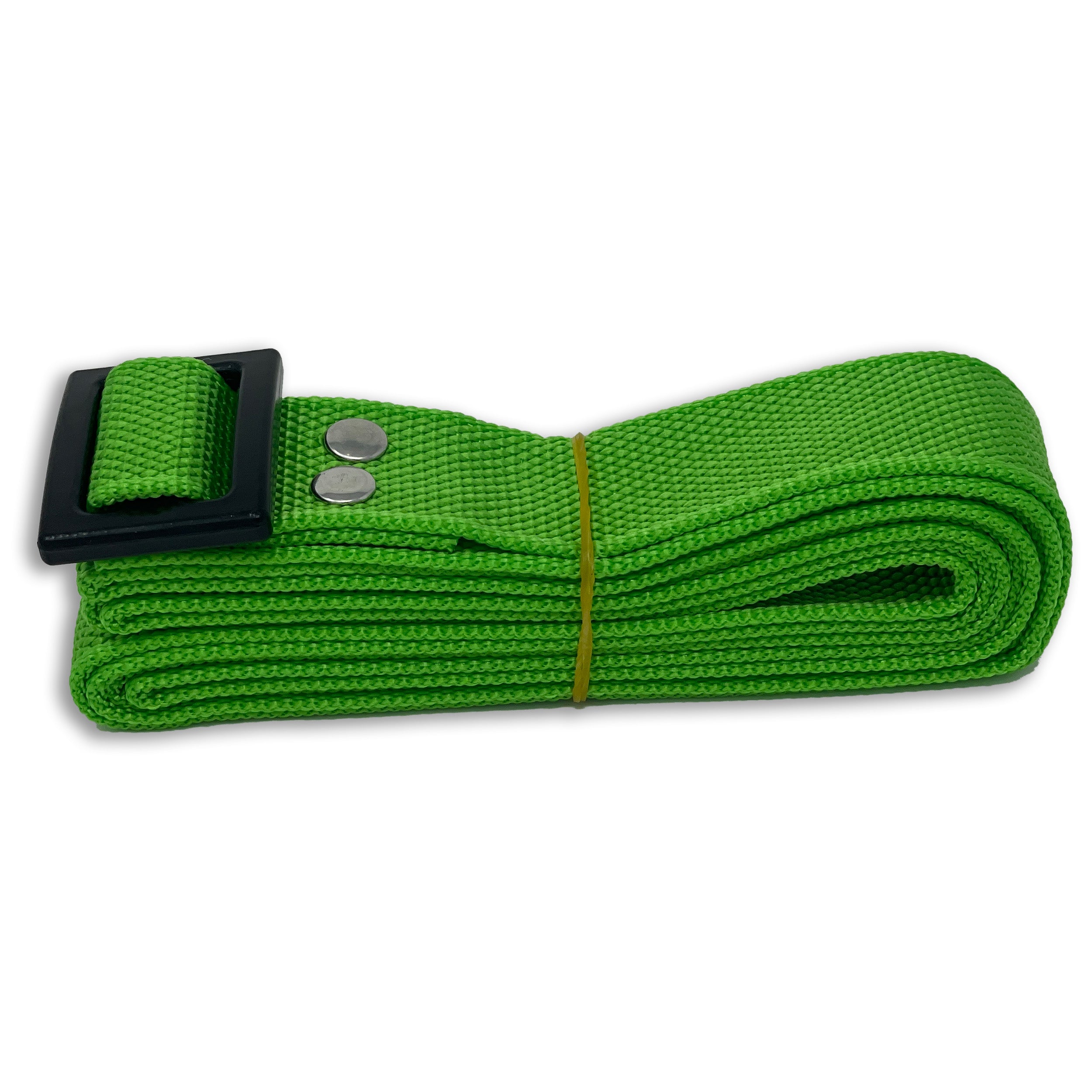 The Drybox Shoulder Strap by Engel Coolers is a coiled green nylon shoulder strap featuring a black buckle and two metal rivets, secured with a rubber band.