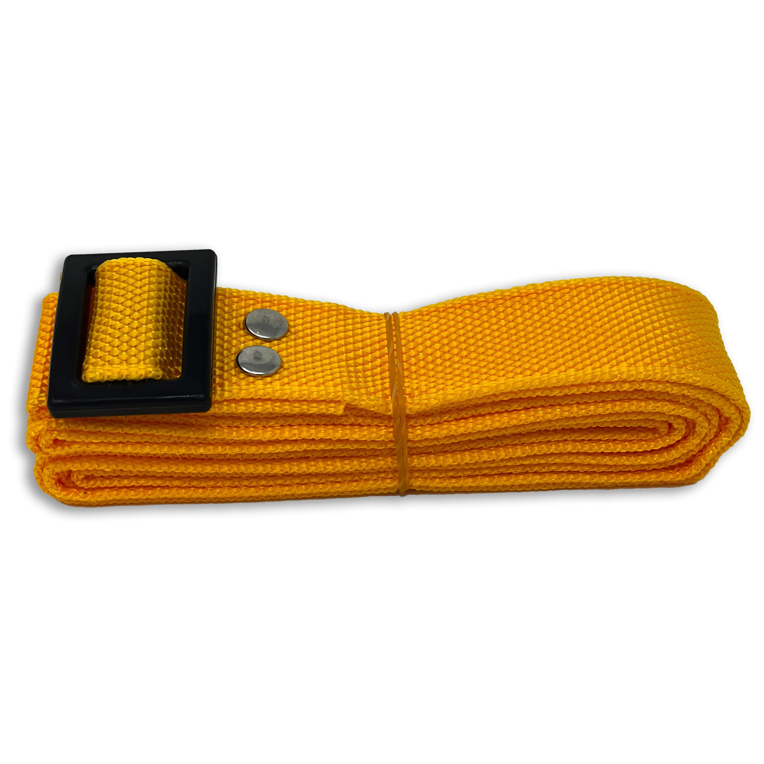 The Engel Coolers Drybox Shoulder Strap features a rolled yellow strap with a black buckle and metal rivets, secured with an elastic band.