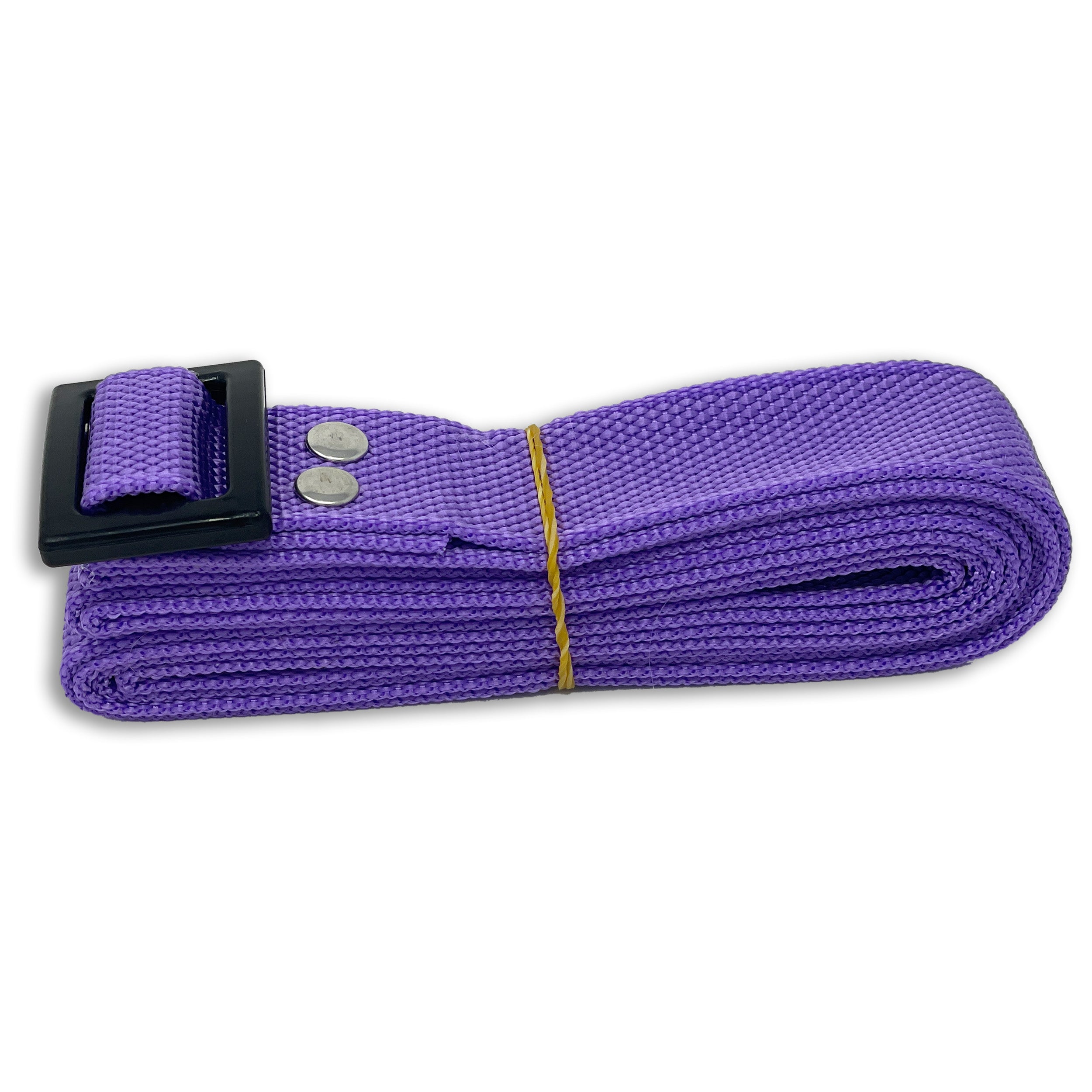 A folded purple webbed belt with a black rectangular buckle and metal rivets, secured with a rubber band, reminiscent of the durable Engel Coolers Drybox Shoulder Strap.