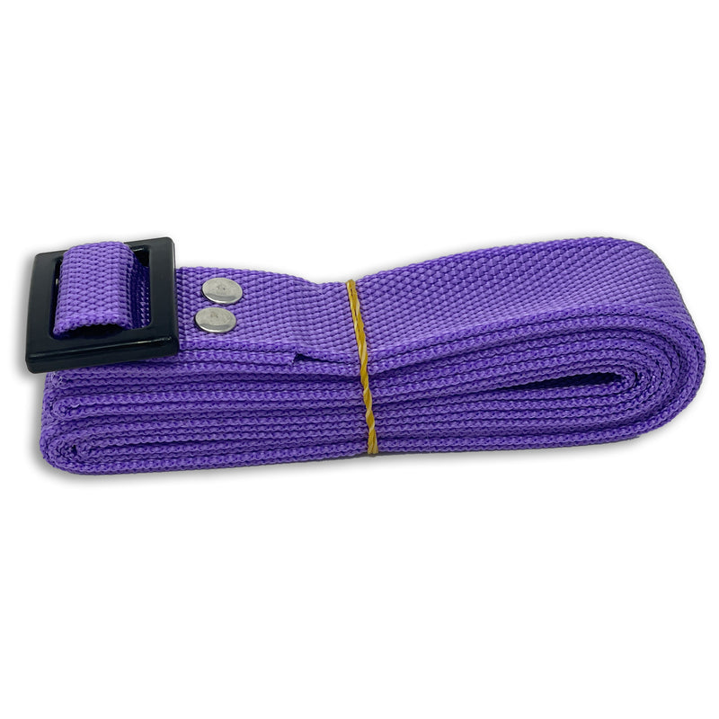 A folded purple webbed belt with a black rectangular buckle and metal rivets, secured with a rubber band, reminiscent of the durable Engel Coolers Drybox Shoulder Strap.