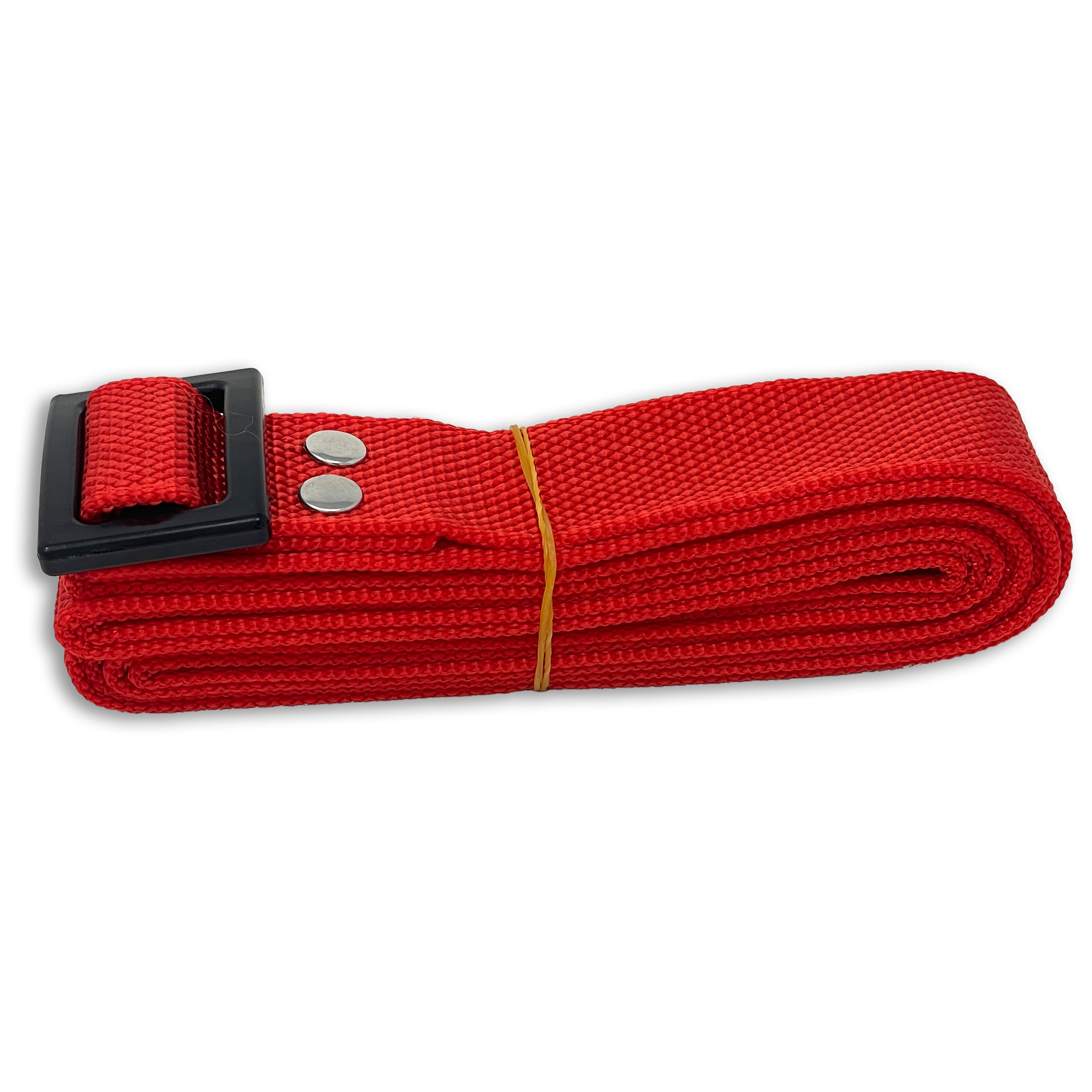 A rolled-up red nylon belt with a black buckle and two silver buttons, secured with a yellow elastic band, reminiscent of the sturdy Drybox Shoulder Strap from Engel Coolers.