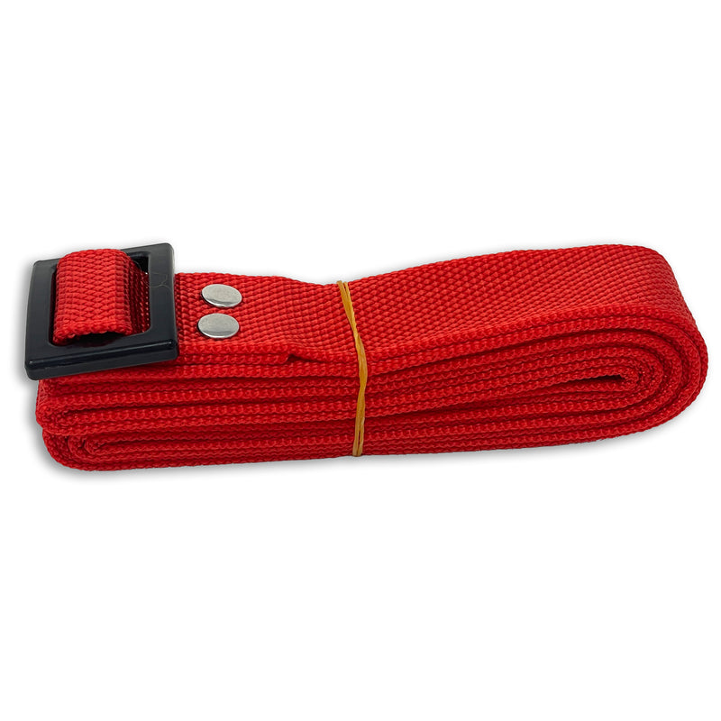 A rolled-up red nylon belt with a black buckle and two silver buttons, secured with a yellow elastic band, reminiscent of the sturdy Drybox Shoulder Strap from Engel Coolers.