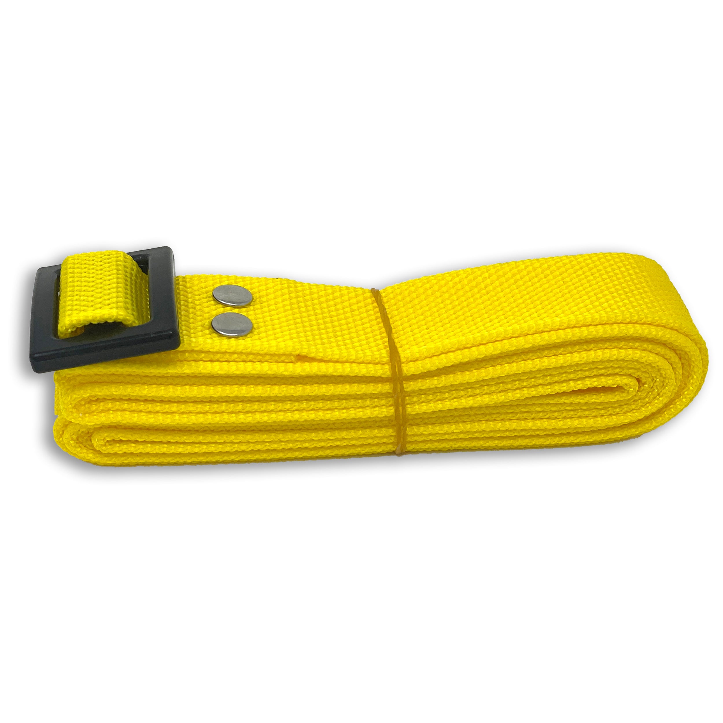 The Drybox Shoulder Strap by Engel Coolers features a folded yellow nylon material, complemented by a black buckle and two metal rivets.