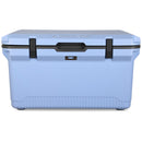 The ENGEL 60QT UltraLite Injection-Molded Cooler With Wire Basket and Divider by Engel Coolers is a light blue, 60-quart cooler that boasts advanced ice preservation technology and features a black latch and handle centered on its front side.