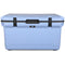 The ENGEL 60QT UltraLite Injection-Molded Cooler With Wire Basket and Divider by Engel Coolers is a light blue, 60-quart cooler that boasts advanced ice preservation technology and features a black latch and handle centered on its front side.