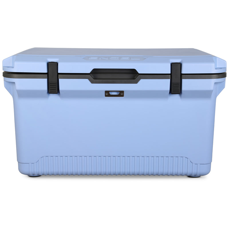 The ENGEL 60QT UltraLite Injection-Molded Cooler With Wire Basket and Divider by Engel Coolers is a light blue, 60-quart cooler that boasts advanced ice preservation technology and features a black latch and handle centered on its front side.