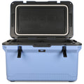 A light blue and black rectangular cooler with the lid open, revealing the interior. The brand name "Engel Coolers" is prominently displayed on the inside of the lid, highlighting this high-performance cooler as part of their ENGEL 60QT UltraLite Injection-Molded Cooler With Wire Basket and Divider line.