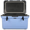 A light blue and black rectangular cooler with the lid open, revealing the interior. The brand name "Engel Coolers" is prominently displayed on the inside of the lid, highlighting this high-performance cooler as part of their ENGEL 60QT UltraLite Injection-Molded Cooler With Wire Basket and Divider line.