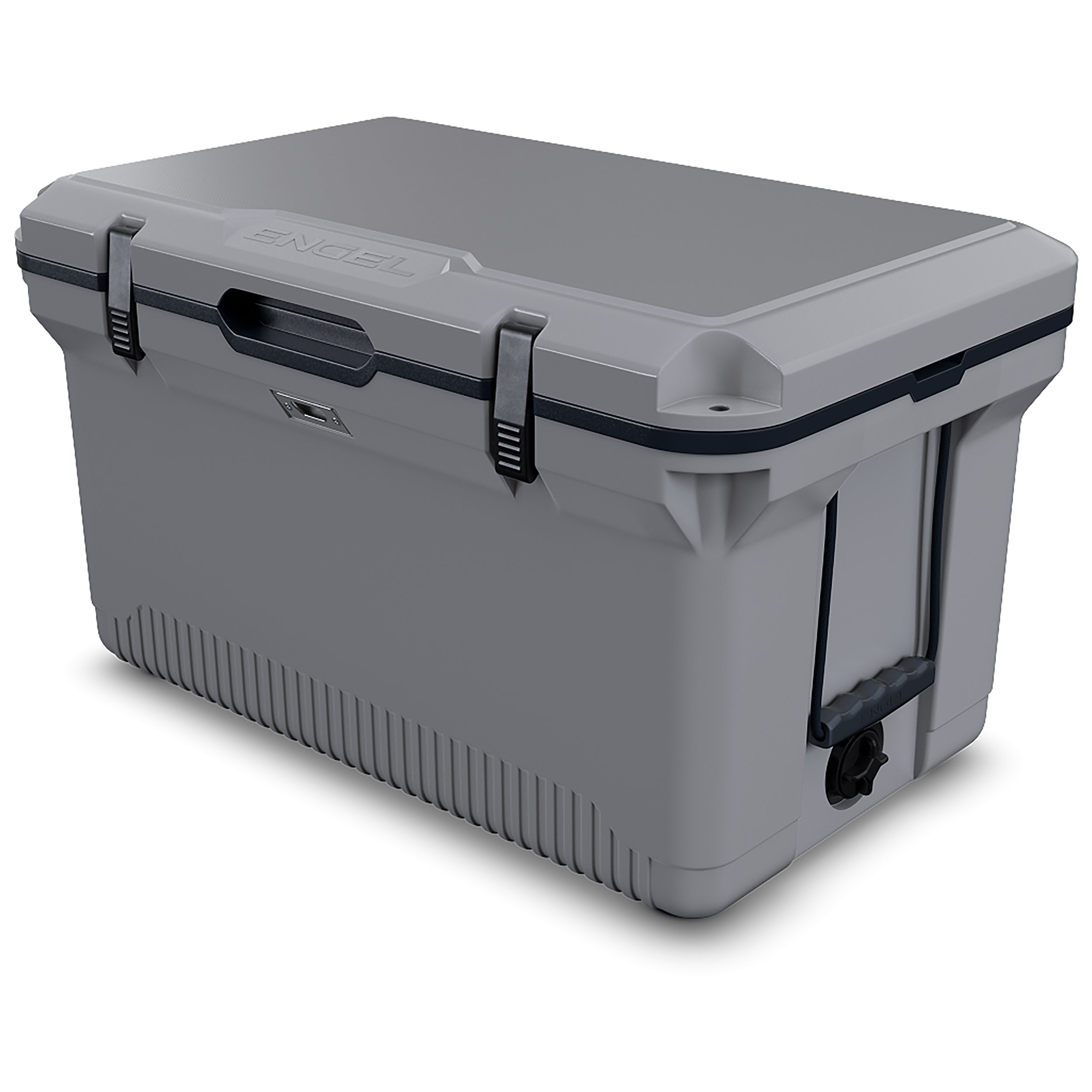 An Engel Coolers 60QT UltraLite Injection-Molded cooler box with Wire Basket and Divider on a white background.