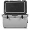 A large, open Engel 60QT UltraLite Injection-Molded Cooler by Engel Coolers, featuring a distinct black lid and two black latch handles on the front. The grey 60-quart cooler includes a wire basket and divider, designed for superior storage and insulation.