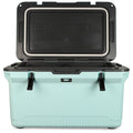 An open, light blue Engel Coolers 60QT UltraLite Injection-Molded Cooler with a black interior and two black latches at the front, shown against a plain white background.