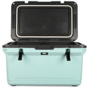 An open, light blue Engel Coolers 60QT UltraLite Injection-Molded Cooler with a black interior and two black latches at the front, shown against a plain white background.