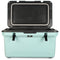 An open, light blue Engel Coolers 60QT UltraLite Injection-Molded Cooler with a black interior and two black latches at the front, shown against a plain white background.