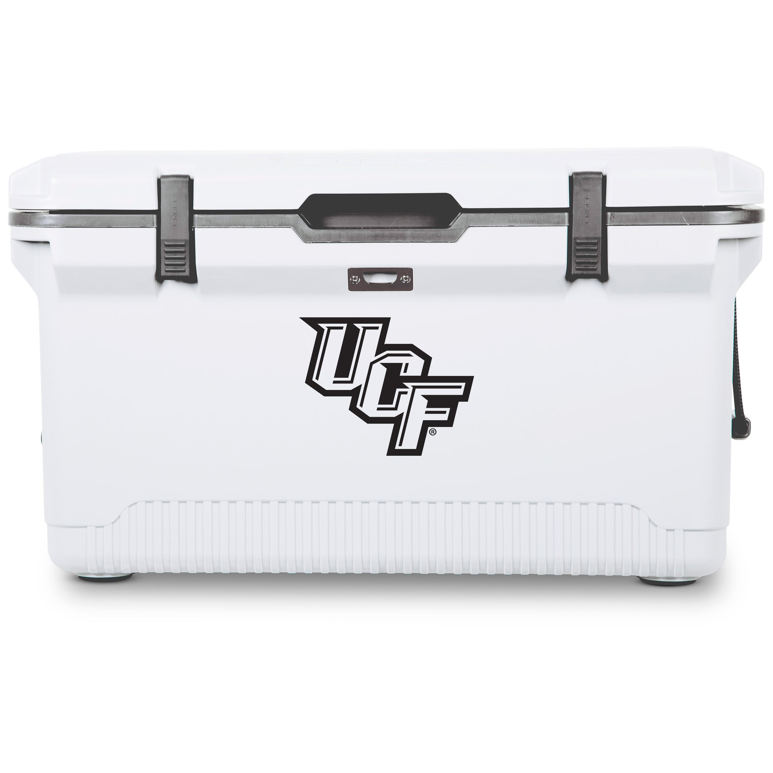 The ENGEL UCF Engel UL60 High Performance Cooler features black latches and a bold University of Central Florida logo, offering superior ice retention for UCF Knights fans.