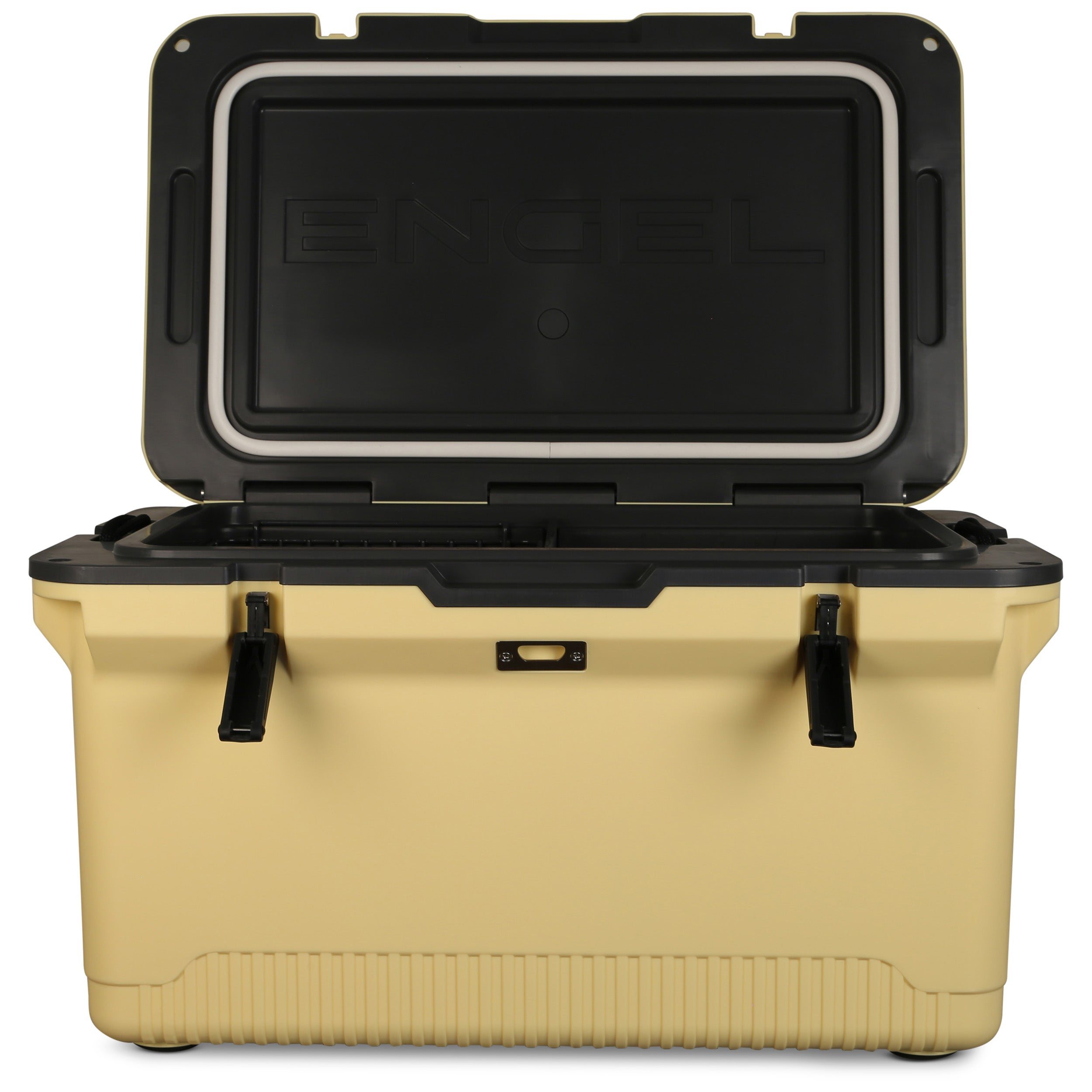 A tan and black 60-quart cooler with an open lid displaying the brand name "Engel Coolers" on the inside. The ENGEL 60QT UltraLite Injection-Molded Cooler With Wire Basket and Divider, crafted using advanced injection molding, has two front latches for securing the lid and features ultra-light foam insulation for superior cooling performance.