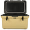 A tan and black 60-quart cooler with an open lid displaying the brand name "Engel Coolers" on the inside. The ENGEL 60QT UltraLite Injection-Molded Cooler With Wire Basket and Divider, crafted using advanced injection molding, has two front latches for securing the lid and features ultra-light foam insulation for superior cooling performance.