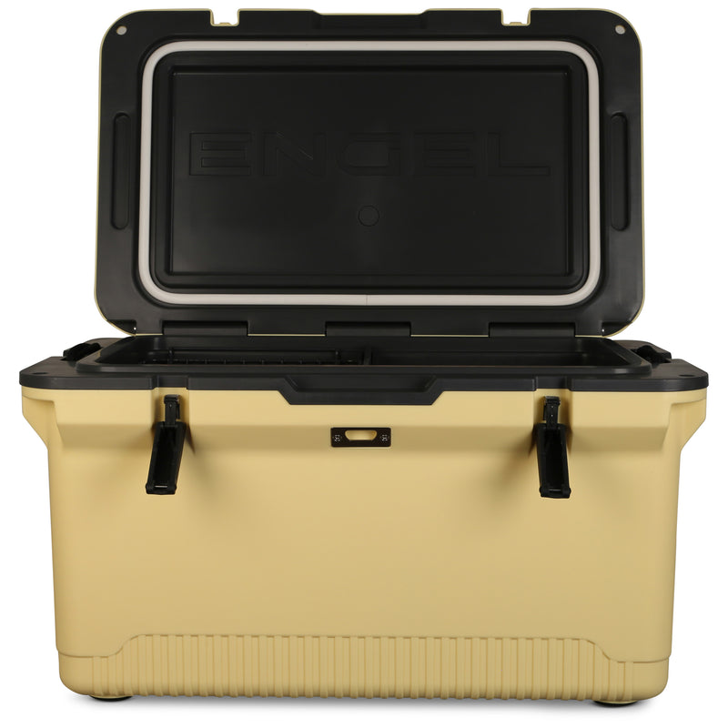 A tan and black 60-quart cooler with an open lid displaying the brand name "Engel Coolers" on the inside. The ENGEL 60QT UltraLite Injection-Molded Cooler With Wire Basket and Divider, crafted using advanced injection molding, has two front latches for securing the lid and features ultra-light foam insulation for superior cooling performance.