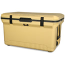 A large, beige ENGEL 60QT UltraLite Injection-Molded Cooler from Engel Coolers, equipped with a wire basket and divider, a black handle and latch, featuring a rugged design and ribbed bottom for stability.