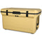 A large, beige ENGEL 60QT UltraLite Injection-Molded Cooler from Engel Coolers, equipped with a wire basket and divider, a black handle and latch, featuring a rugged design and ribbed bottom for stability.