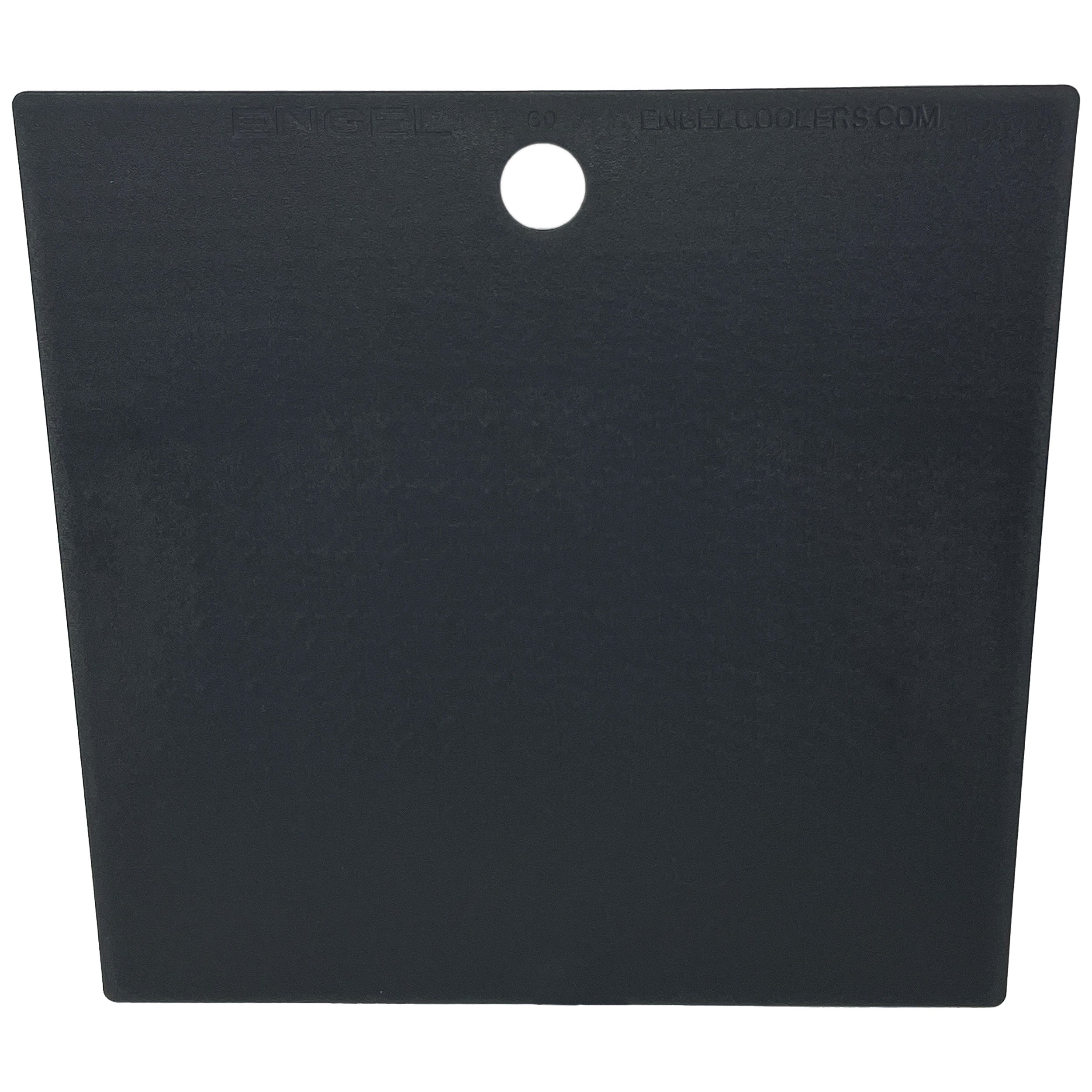 This sleek black rectangular cutting board by Engel Coolers, known as the Ultralite 60 (UL60) Cooler Divider, features a small circular hole near the top edge. It's designed to integrate seamlessly into your UL60 Cooler, providing an ideal solution for organizing essentials while enhancing style and functionality.